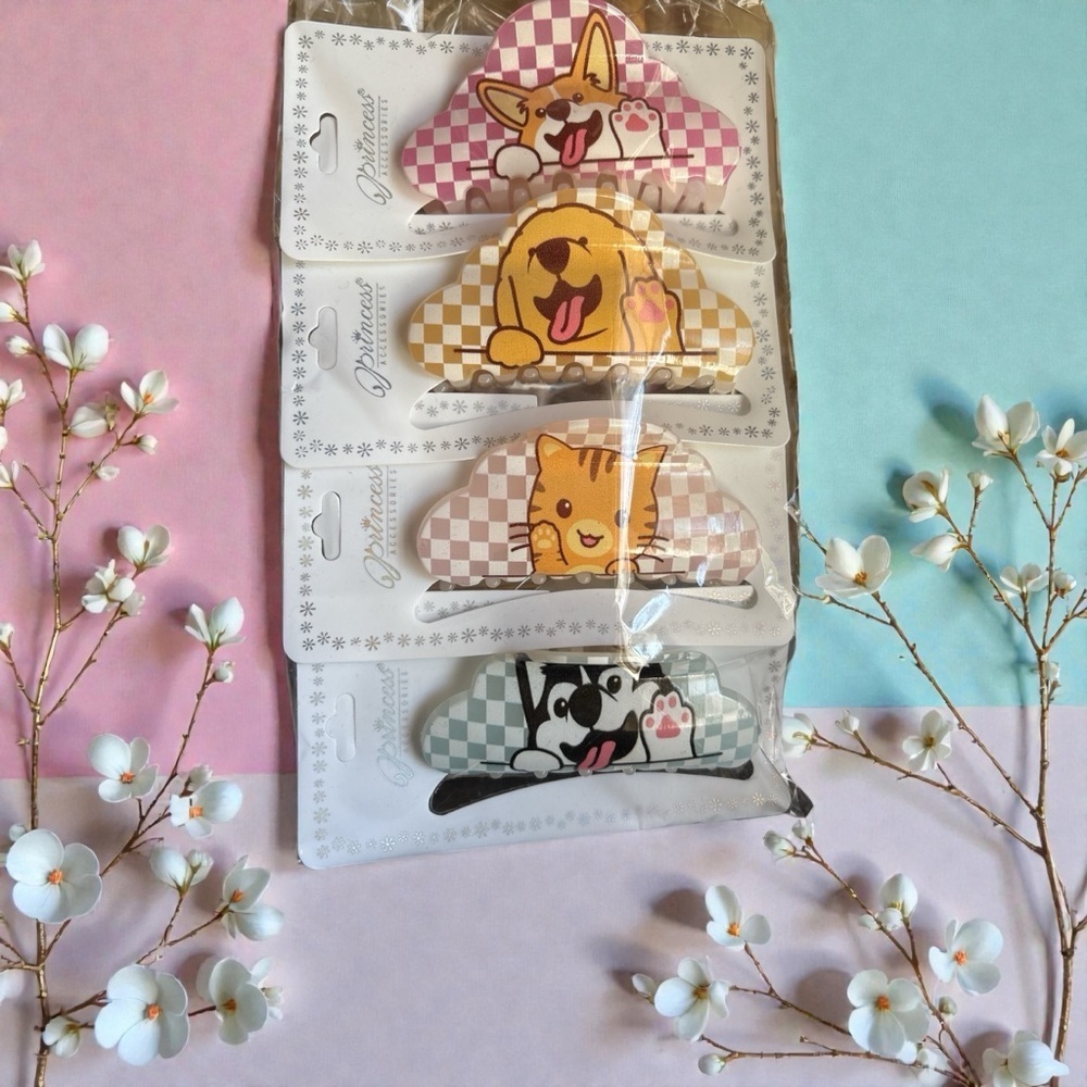 Patterned Hair Clips Set - Pink, Yellow, Gray